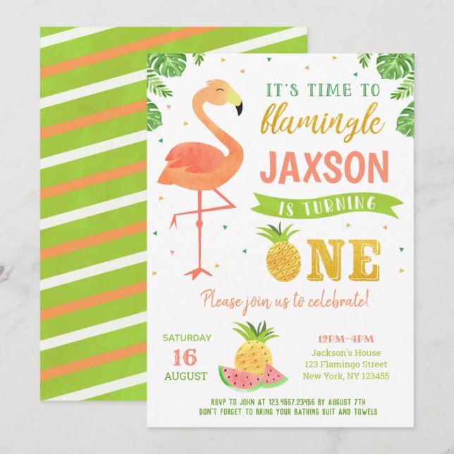 Boy Flamingo Luau First 1st Birthday Invitations (Front/Back)