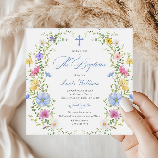 Boy Fleur sauvage Aquarelle Baptism Invitation (Créateur téléchargé)