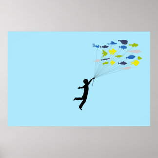 Boy Floating Away Holding Tropical Fish Balloons Poster