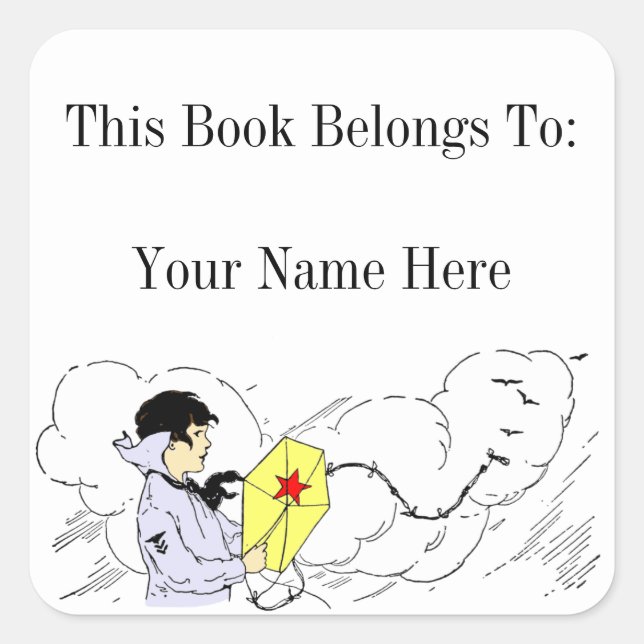 Boy Flying a Kite Custom Bookplate Sticker (Front)