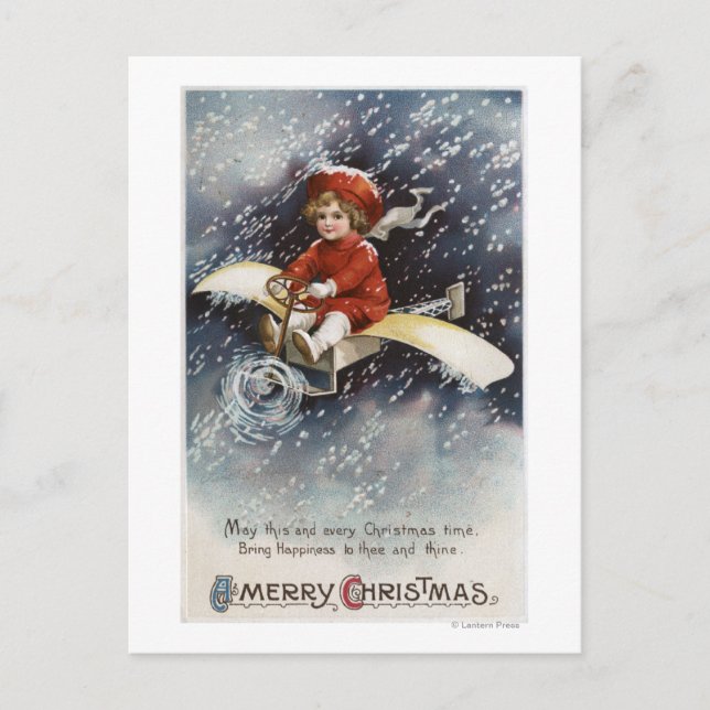 Boy Flying Make-Shift Airplane Holiday Postcard (Front)