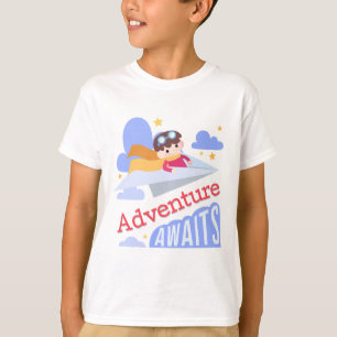Boy Flying Paper Airplane Adventure Awaits T-Shirt
