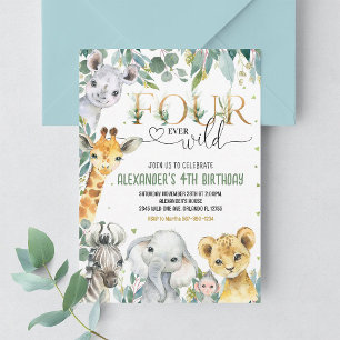 Boy Four ever wild Gold Jungle Animals Birthday Invitation