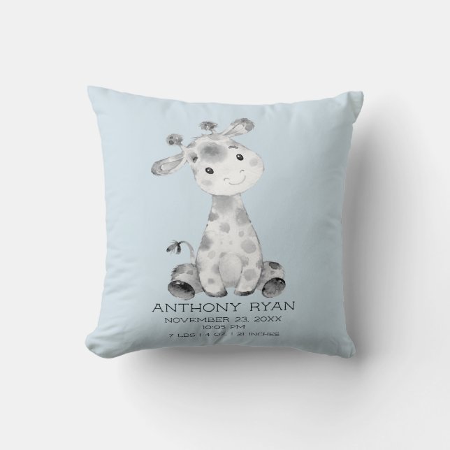 Boy Giraffe Baby Birth Stats Coussin (Recto)