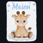 Boy Giraffe Baby Blankets Star Blue Name<br><div class="desc">Giraffe with stars and Name baby blanket personalized with name - edit in seconds! Perfect gift for baby shower or birthday!</div>