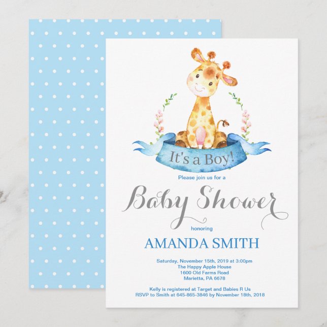 Boy Giraffe Baby shower Invitation Bleu et gris (Devant / Derrière)