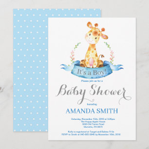 Boy Giraffe Baby shower Invitation Bleu et gris