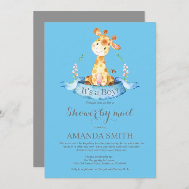 Boy Giraffe Baby shower par Mail Invitation (Devant / Derrière)