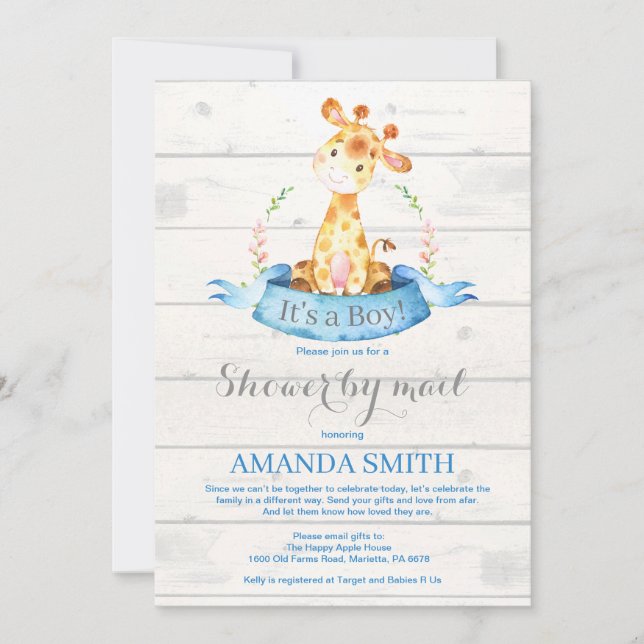 Boy Giraffe Baby shower par Mail Invitation (Devant)