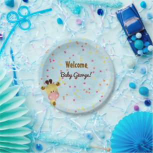 Boy Giraffe Blue Baby Shower  Paper Plate