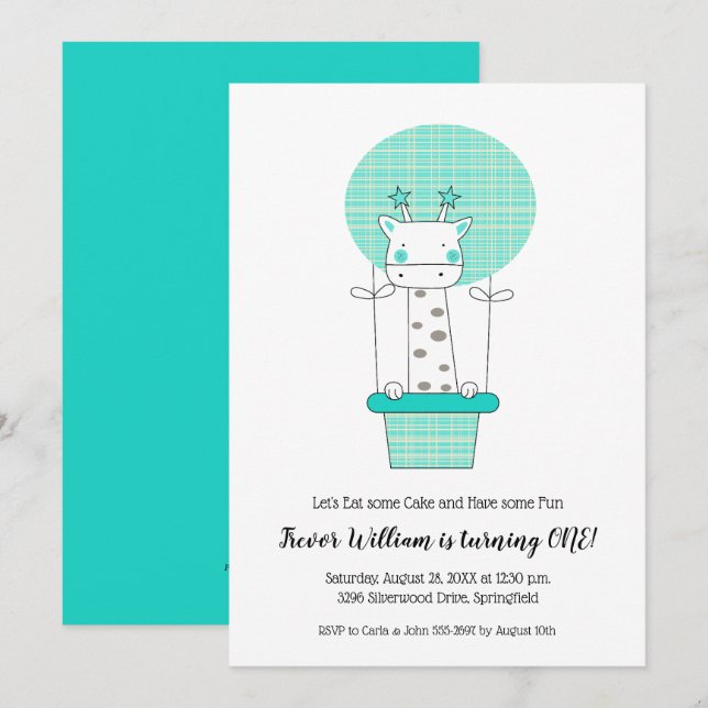 Boy Giraffe First Birthday Party Invitation (Front/Back)