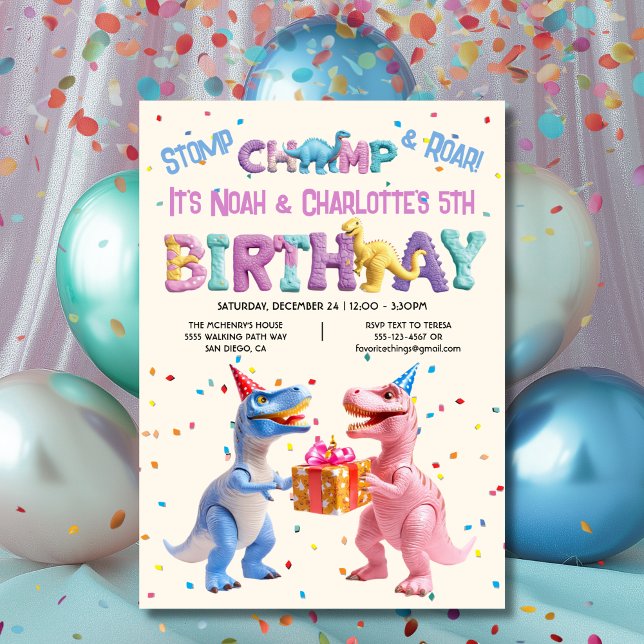 Boy & Girl Dinosaur Birthday Party Invitation (Creator Uploaded)
