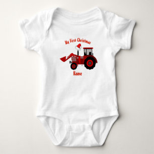 Boy Girl First Christmas Personalized RED TRACTOR Baby Bodysuit