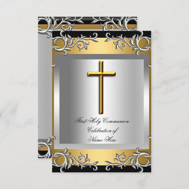Boy Girl First Holy Communion Silver Gold Small Invitation (Front/Back)