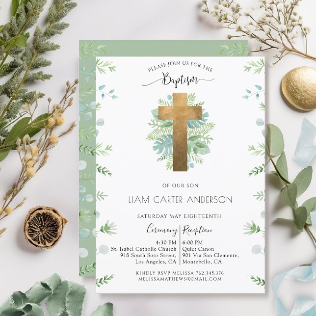 Boy/Girl Greenery Baptism Mint Green Invitation (Creator Uploaded)