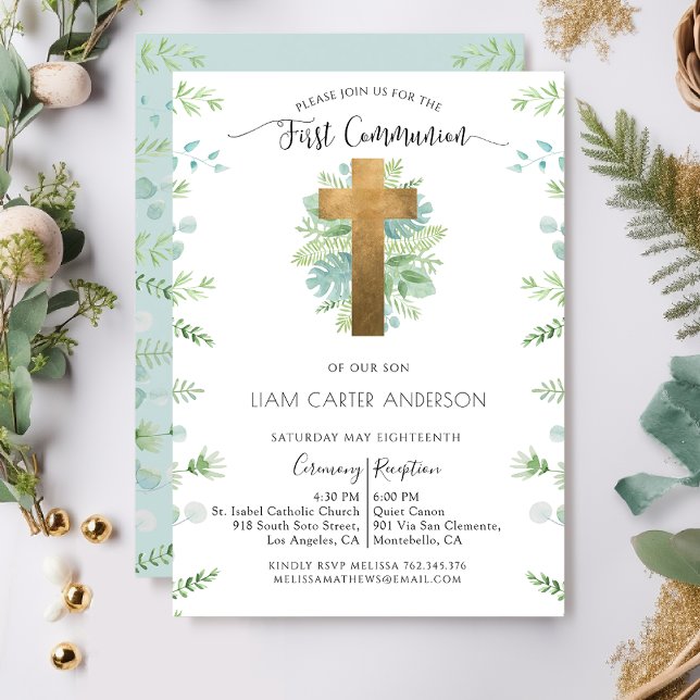 Boy/Girl Greenery Mint First Communion Invitation (Creator Uploaded)