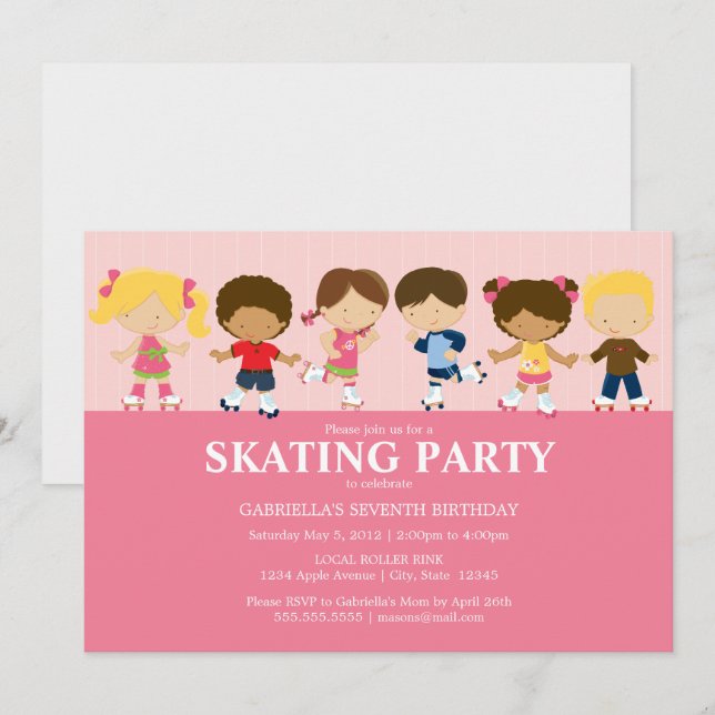 Boy/Girl Skaters | Pink Birthday Party Invite (Front/Back)