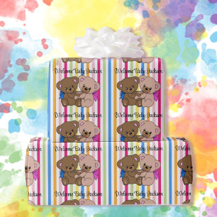 Boy & Girl Teddy Bears Baby Shower Name Pink Blue Wrapping Paper