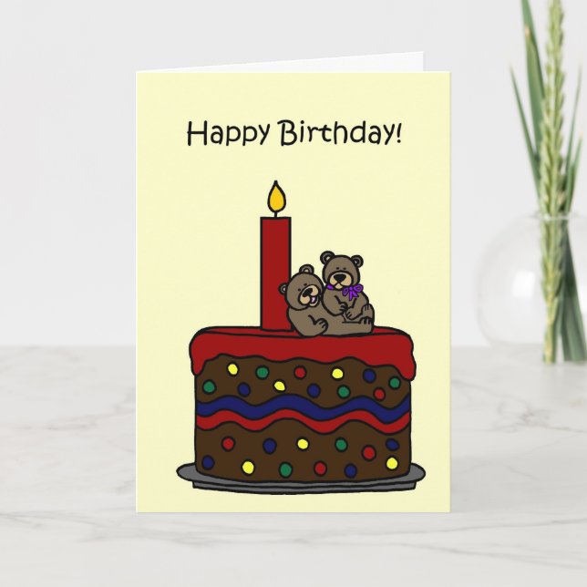 boy-girl twin bears on cake birthday card (Front)