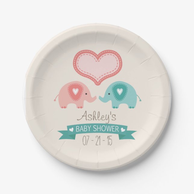 Boy & Girl Twin Pink & Teal Elephants Baby Shower Paper Plate (Front)