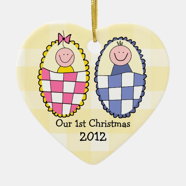 Boy Girl Twins 1st Christmas Ceramic Ornament (Front)