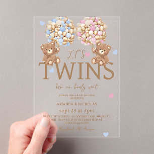 Boy Girl Twins Bear Balloons Baby Shower Acrylic Invitations