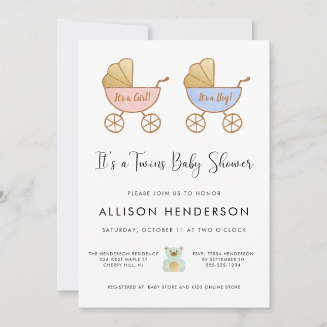 Boy Girl Twins Carriage Watercolor Baby Shower Invitation (Front)