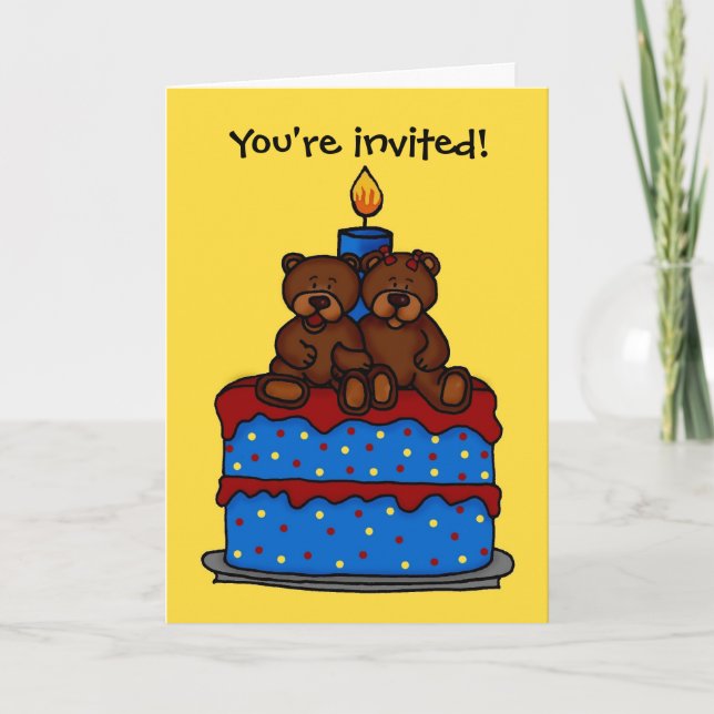 boy-girl twins on birthday cake invitation card (Front)