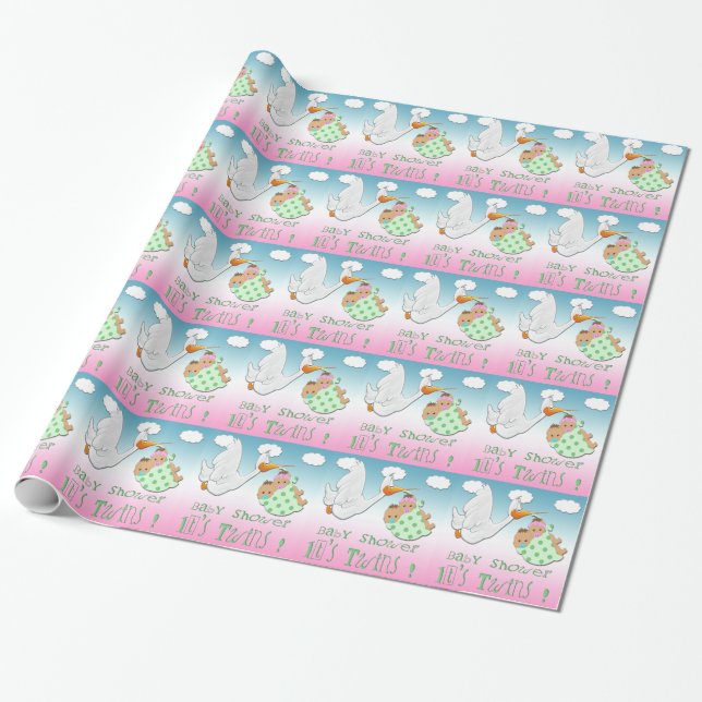 Boy & Girl Twins - Stork Baby Shower Gift Wrap (Unrolled)