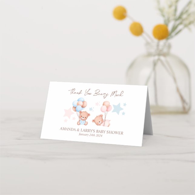 Boy Girl Twins Teddy Bear Baby Shower Bag Topper Place Card (Front)