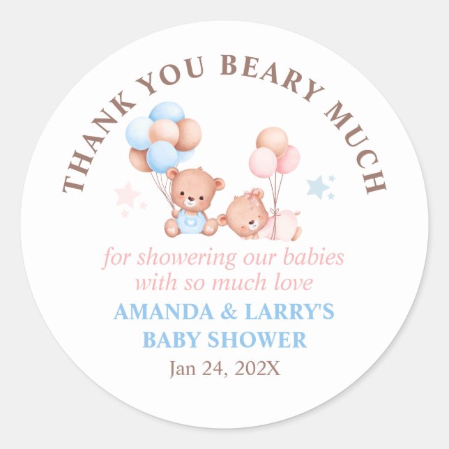 Boy Girl Twins Teddy Bear Thank You Classic Round Sticker (Front)