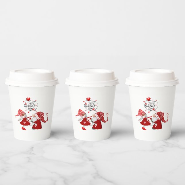 Boy & girl Valentines gnome Happy Valentines text Paper Cups (Multi)