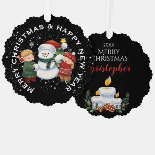 BOY & GIRL with SNOWMAN , PERSONALIZED CHRISTMAS Ornament Card