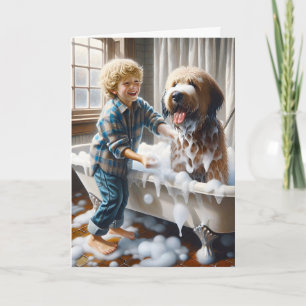 Boy Giving His Dog A Bath for Birthday Card