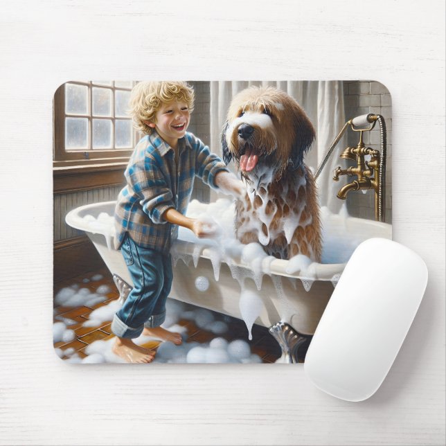 Boy Giving His Shaggy Dog A Bath Mouse Pad (With Mouse)