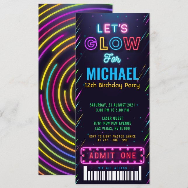 Boy Glow Party Ticket Pass Birthday Invitation (Front/Back)