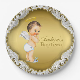 Boy Gold Angel Baptism Christening Paper Plate