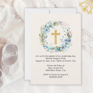 Boy Gold Cross Blue Floral Religious Baptism  Invitation