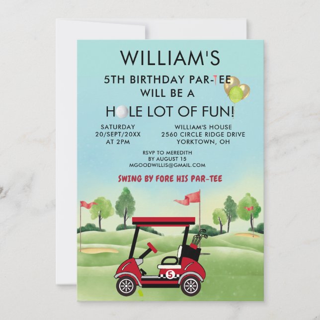Boy Golf Theme 5th Birthday Par-Tee Invitation (Front)
