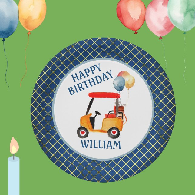 Boy Golf Theme Blue Red Yellow Personalized   Paper Plate (Creator Uploaded)