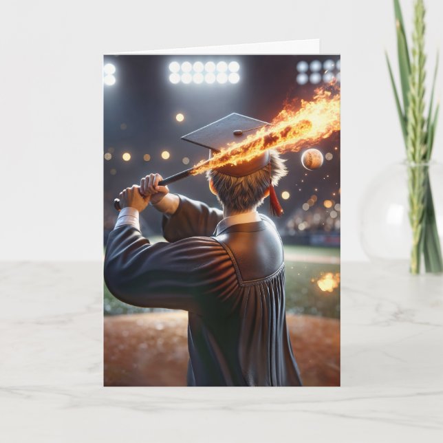 Boy Graduate Swinging a Flaming Bat Card (Front)