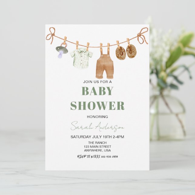 Boy Green Boho Baby Clothes Baby shower Invitation (Standing Front)