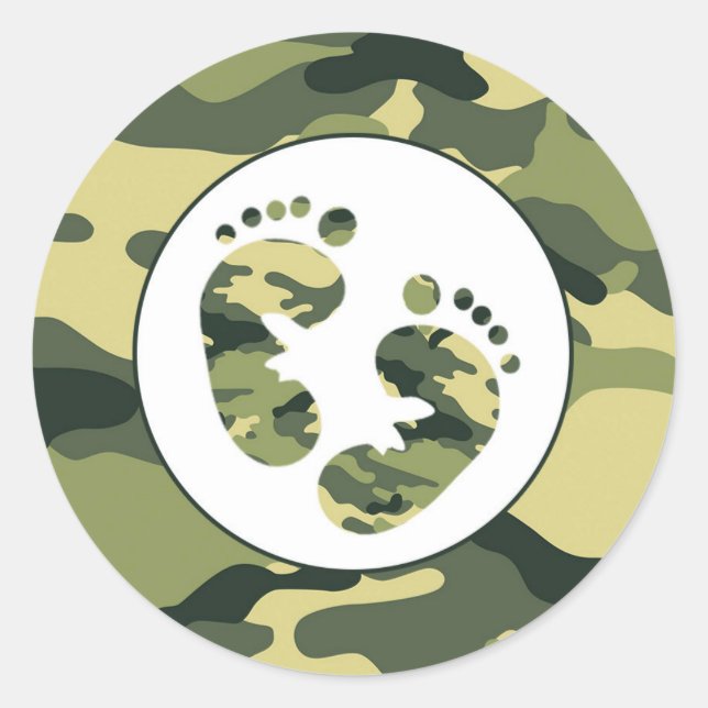 BOY Green camo baby feet favour stickers (Front)