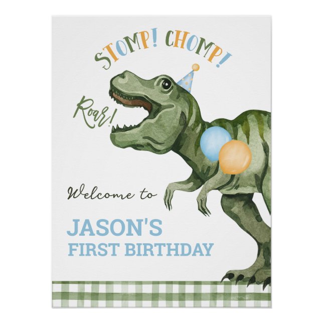 Boy Green Green Dinosaur 1st Birthday Welcome Sign (Front)