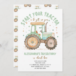 Boy Green Tractor 3rd Birthday Invitation