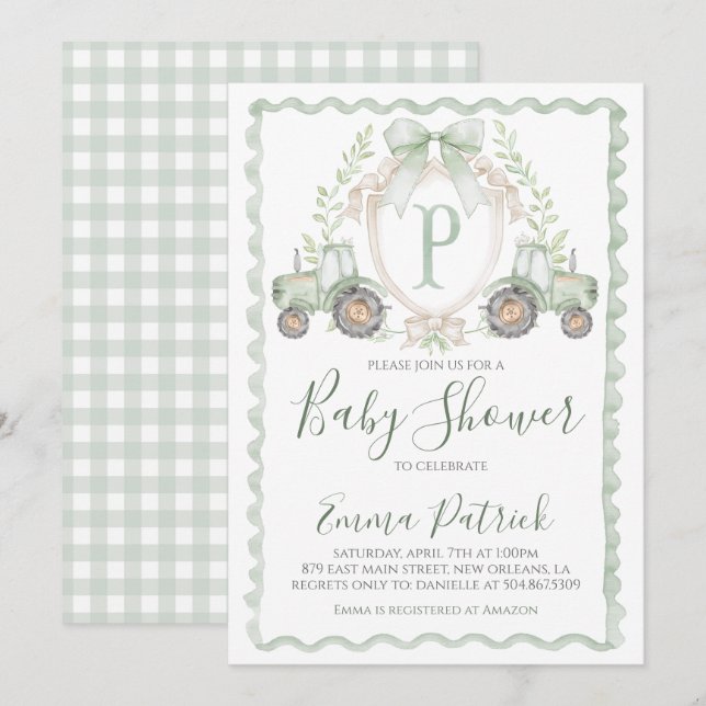 Boy Green Tractor Baby Shower Preppy Sage Green  Invitation (Front/Back)