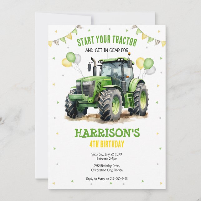 Boy Green Tractor Farm Birthday Party Invitation (Front)