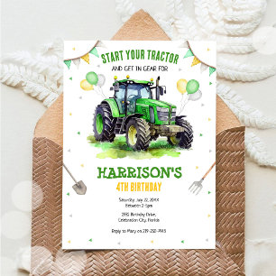 Boy Green Tractor Farm Birthday Party Invitation