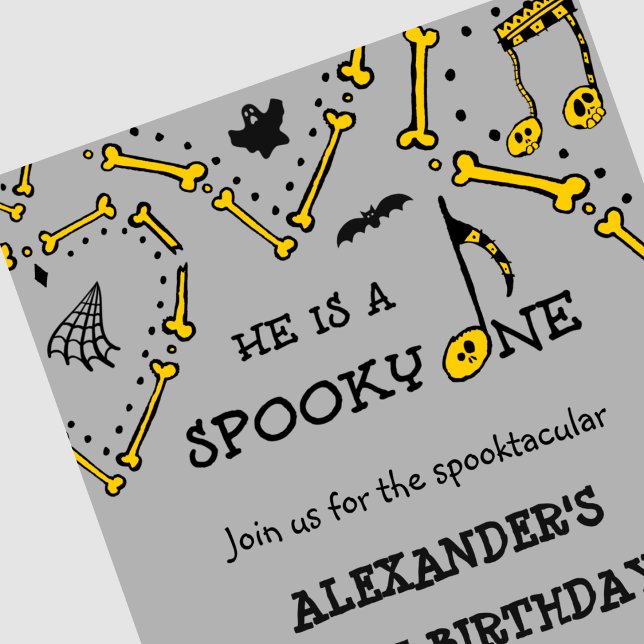 Boy Grey Skull Spooky Halloween 1st birthday Invitation (Halloween-1st-birthday-Invitation-Boy-grey-Skull-Spooky-one-1)