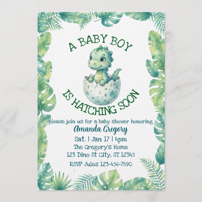 Boy Hatching Soon, Green Dino Baby Shower Invitation (Front)